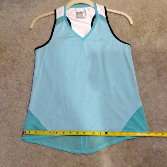 Lucky in Love Blue Racerback Tennis Golf Activewear Top w/Mesh Back Slit XS 0-2 - Picture 6 of 16